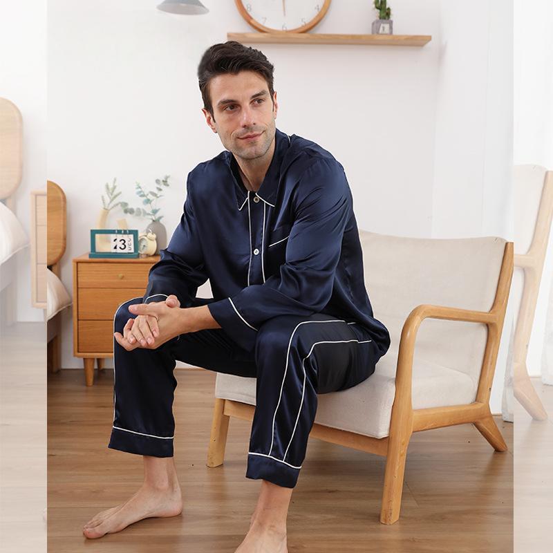Men's silk pajamas summer new style 100% mulberry silk long-sleeved trousers suit high-end light luxury satin home clothes