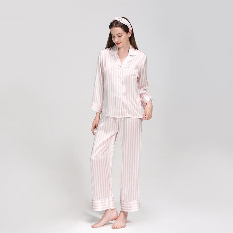 Silk pajamas autumn and winter 100% mulberry silk long-sleeved trousers suit striped large size loose home clothes