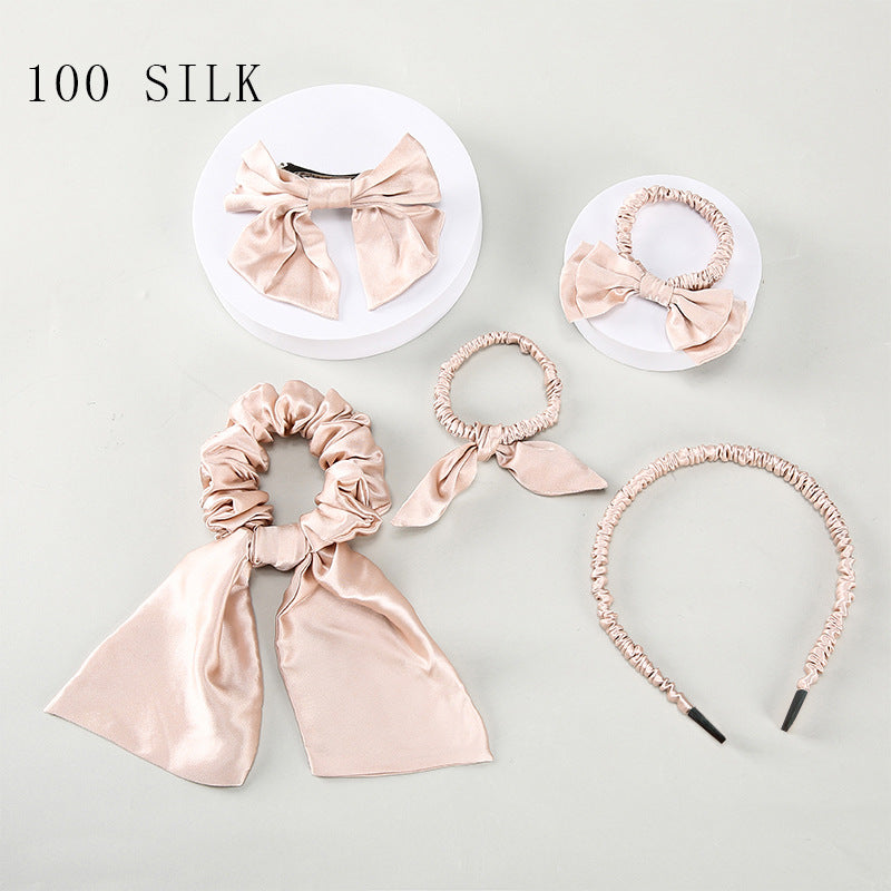 Silk hair tie five-piece set, 100% mulberry silk high-end hair accessories set for bow ties