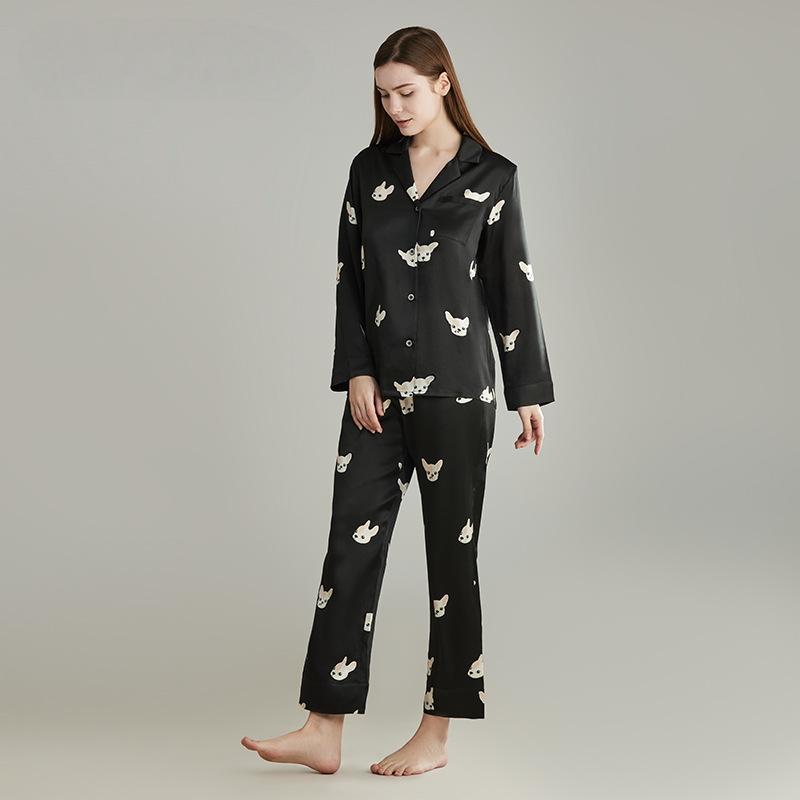 Heavy silk pajamas for couples 100% mulberry silk unisex suit with puppy print design home clothes