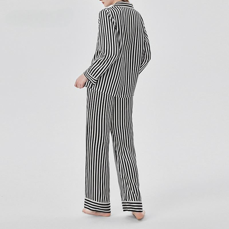 Silk pajamas autumn and winter 100% mulberry silk long-sleeved trousers suit striped large size loose home clothes