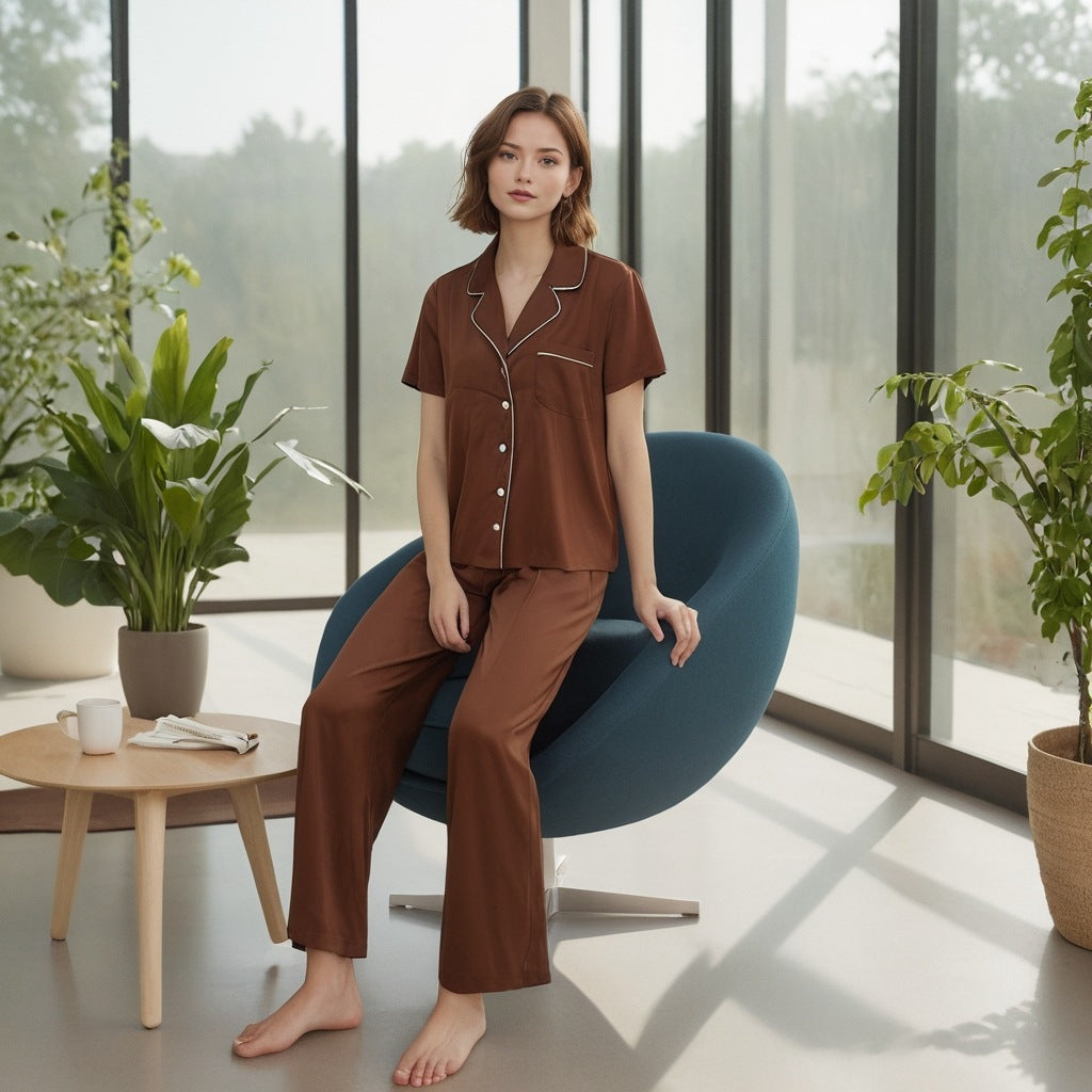 New women's pajamas satin chiffon cardigan pajamas two-piece set