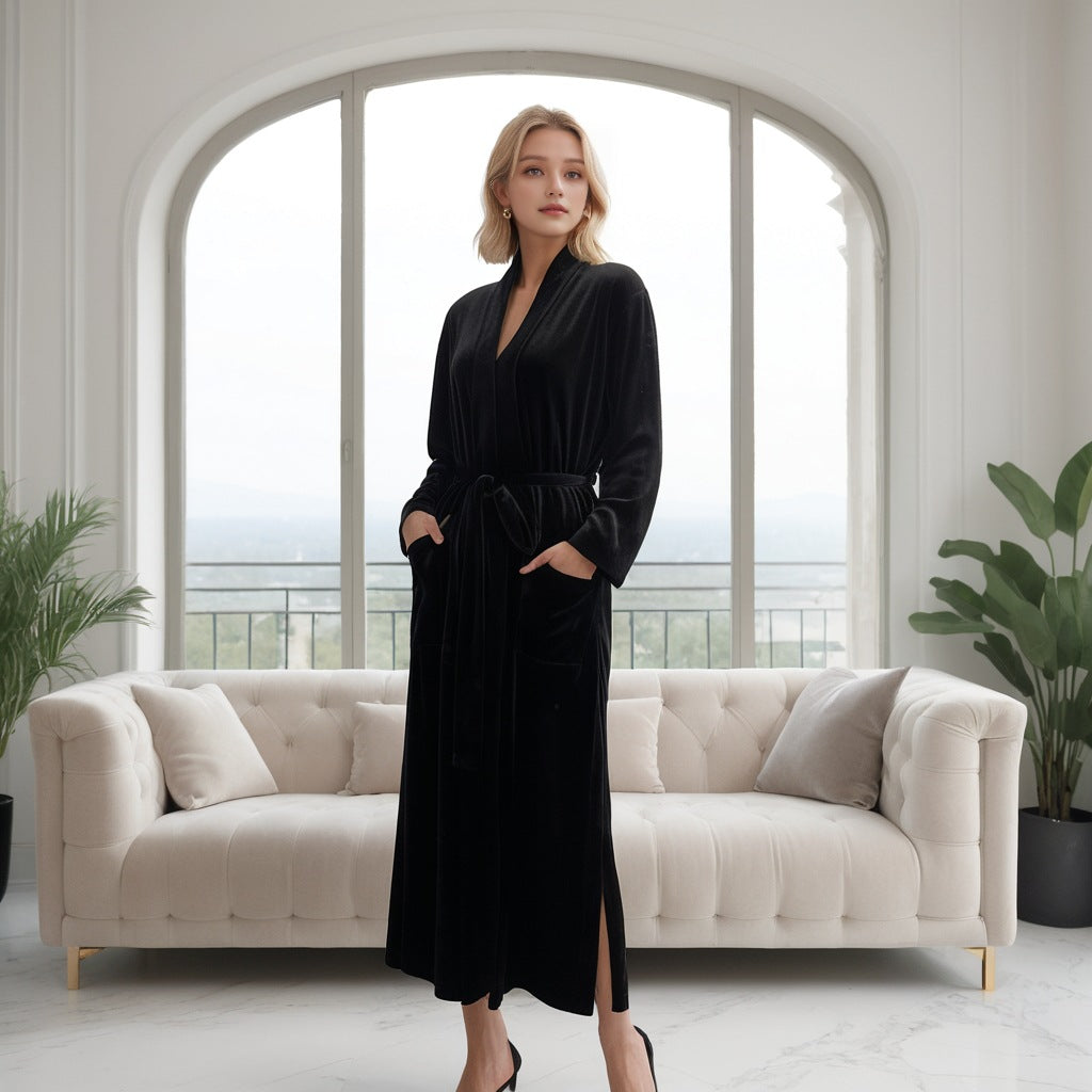 Autumn and winter black long-sleeved robe hotel homestay absorbent long bathrobe female belt style