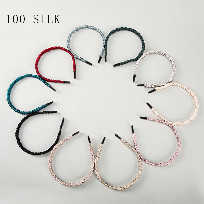 16 Momme Silk Headband Summer 100% Mulberry Silk Satin Thin Edge Headband Headdress Pleated Silk Hairpin