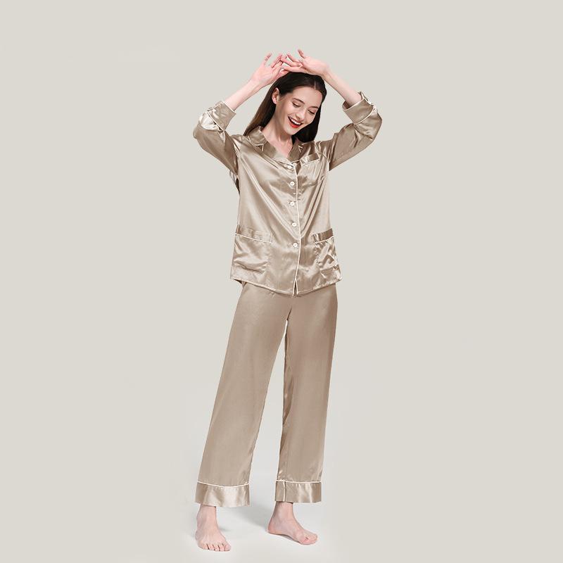 22 Momme Silk Pajamas Women 100% Mulberry Silk Long Sleeve Set Multi-pocket Can Be Worn as Pajamas