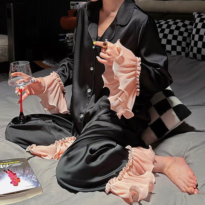 Palace style pajamas for women, spring and autumn long-sleeved home clothes for women, ice silk tribute satin, ruffled ladies pajamas