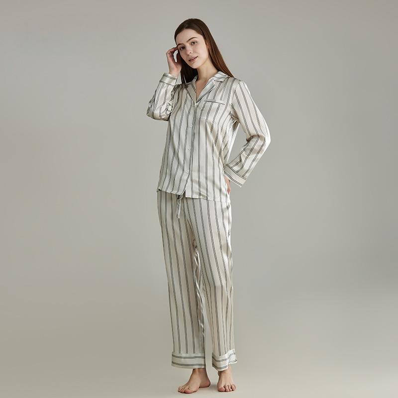 Heavy silk pajamas for men and women, simple and fine stripes, 100% mulberry silk couple home clothes, long sleeves and long pants suits