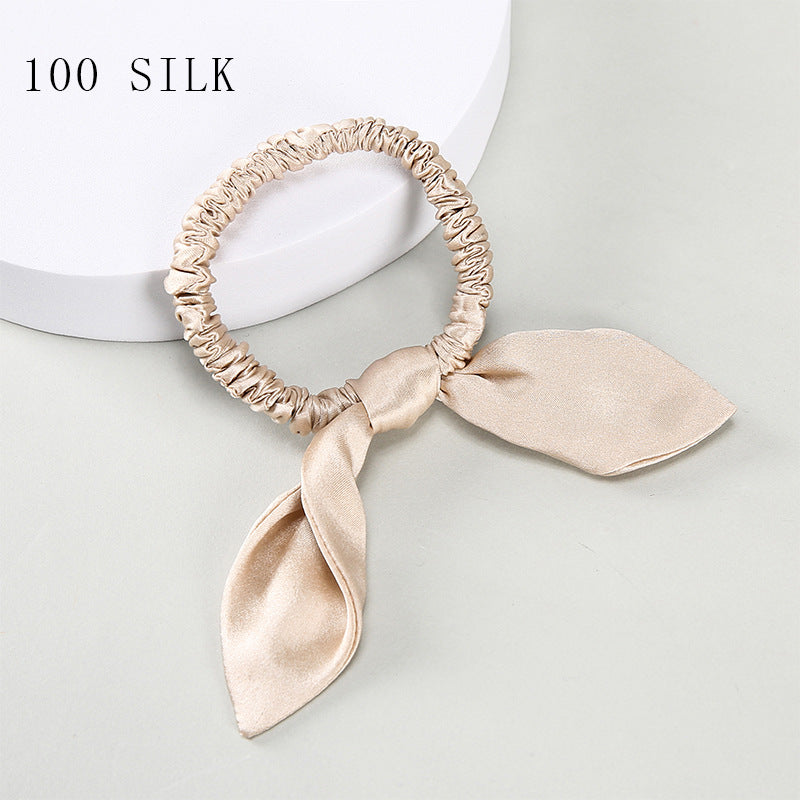 16 Momme 1cm silk hairband with bow and rabbit ears for girls, 100% mulberry silk rubber band