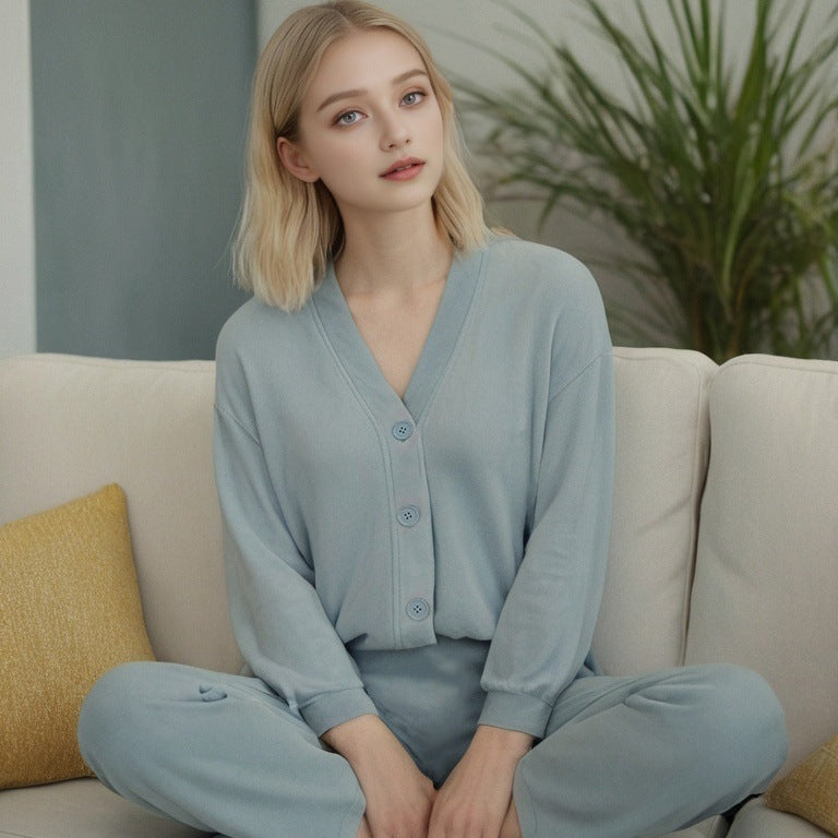 Sea Island Velvet Long Sleeve Pajama Set Skin-friendly Women's Home Clothes Autumn Cardigan Pajamas Two-piece Set
