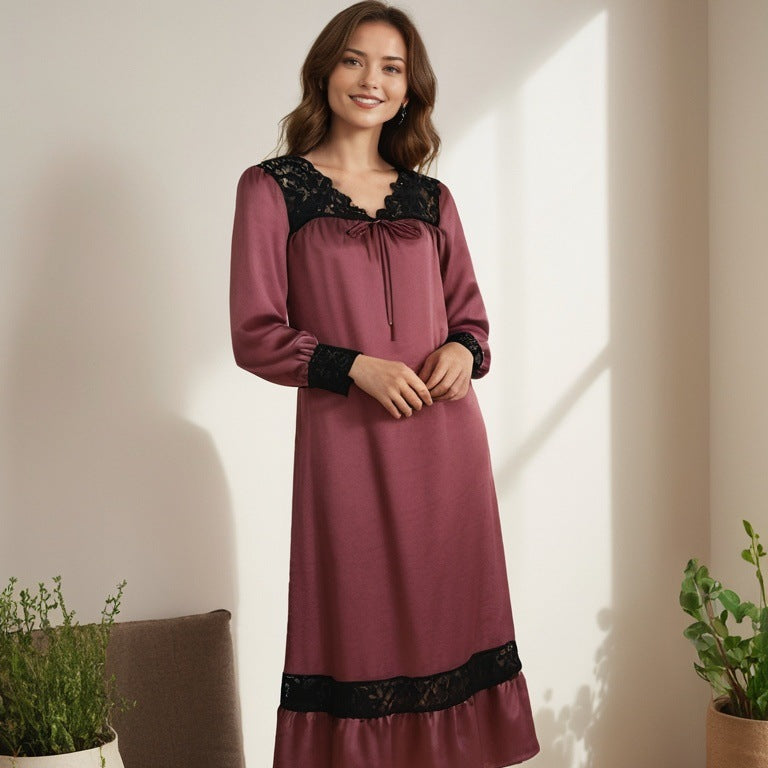 French casual pajamas women's spliced lace long-sleeved nightdress loose large size home nightdress