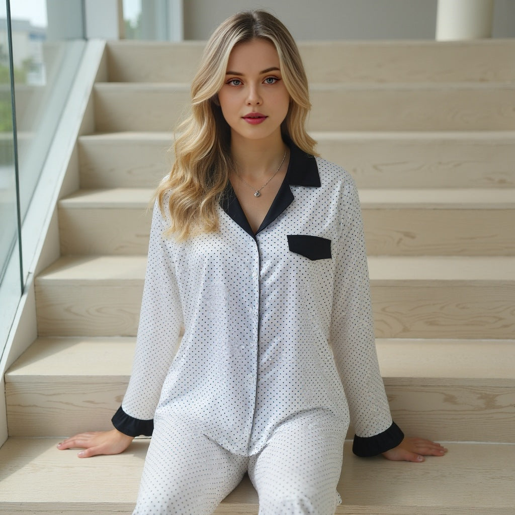 New black dot satin two-piece home clothes long-sleeved pajamas suit for women