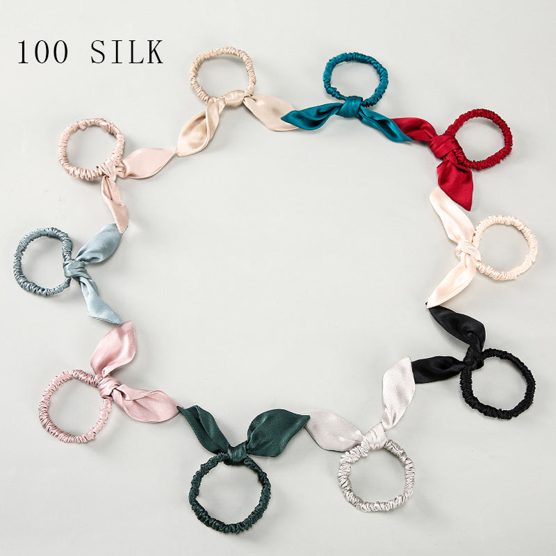 16 Momme 1cm silk hairband with bow and rabbit ears for girls, 100% mulberry silk rubber band