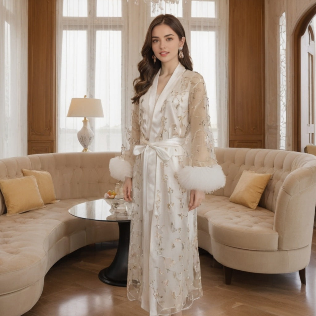Lace mesh nightgown set Pure desire high-end style ice silk nightgown two-piece set