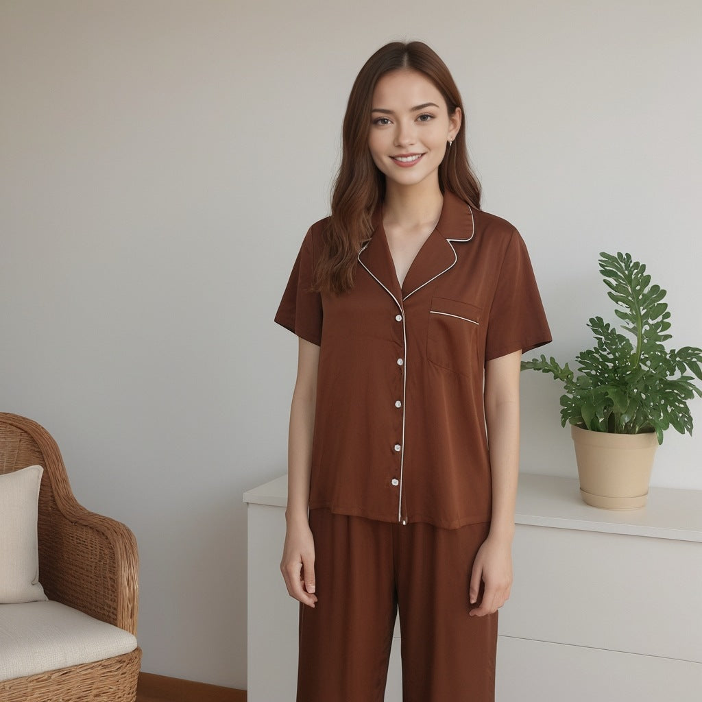 New women's pajamas satin chiffon cardigan pajamas two-piece set
