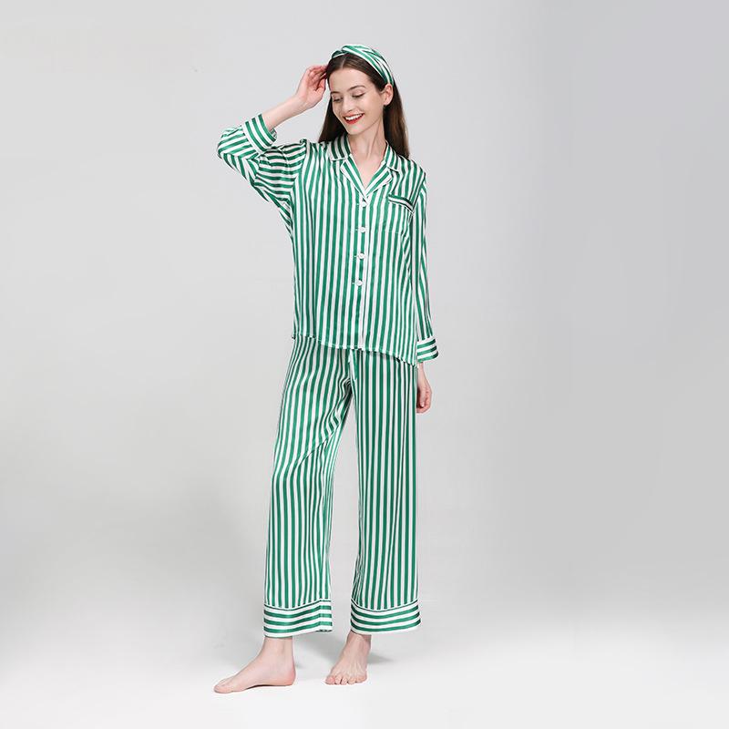 Silk pajamas autumn and winter 100% mulberry silk long-sleeved trousers suit striped large size loose home clothes