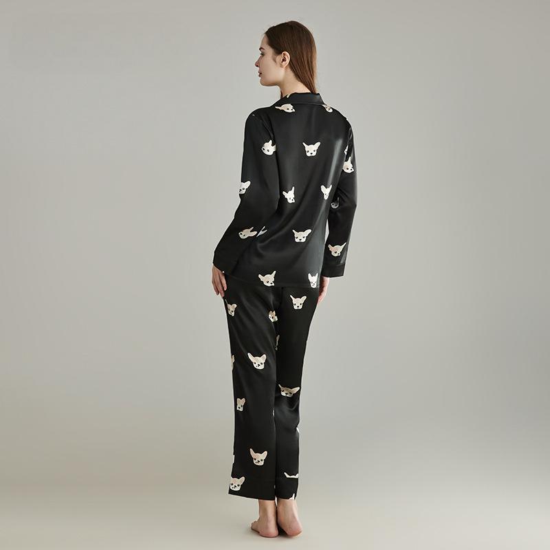 Heavy silk pajamas for couples 100% mulberry silk unisex suit with puppy print design home clothes
