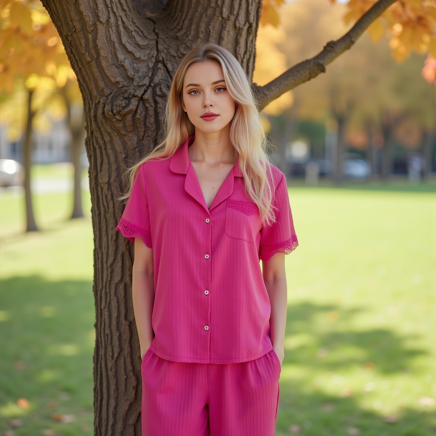 Women's home clothes woven fashion sea wave stripe splicing lace short-sleeved pajamas