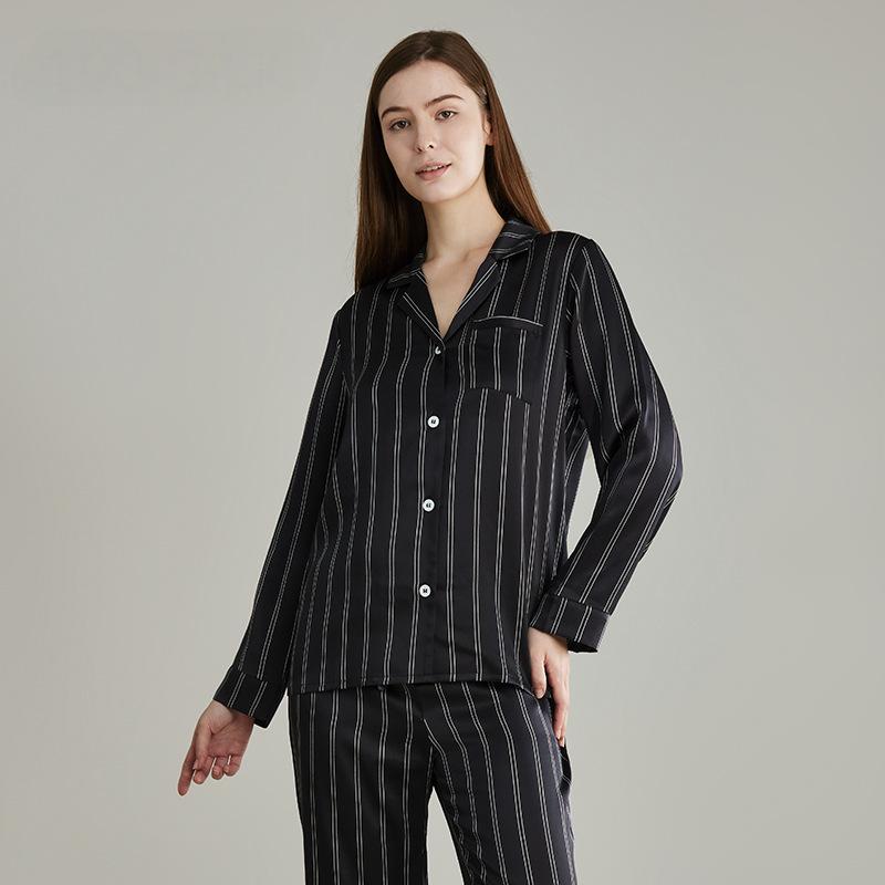 Heavy silk pajamas for men and women, simple and fine stripes, 100% mulberry silk couple home clothes, long sleeves and long pants suits