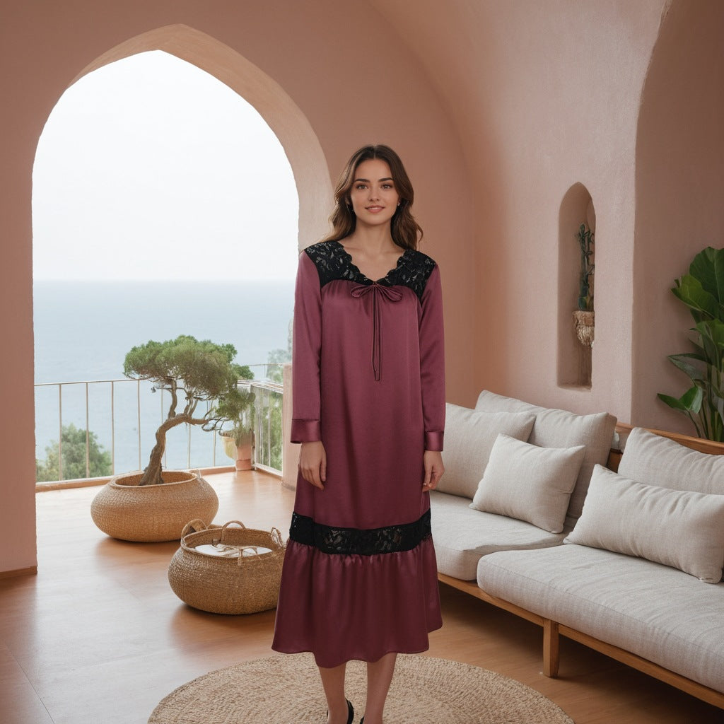 French casual pajamas women's spliced lace long-sleeved nightdress loose large size home nightdress