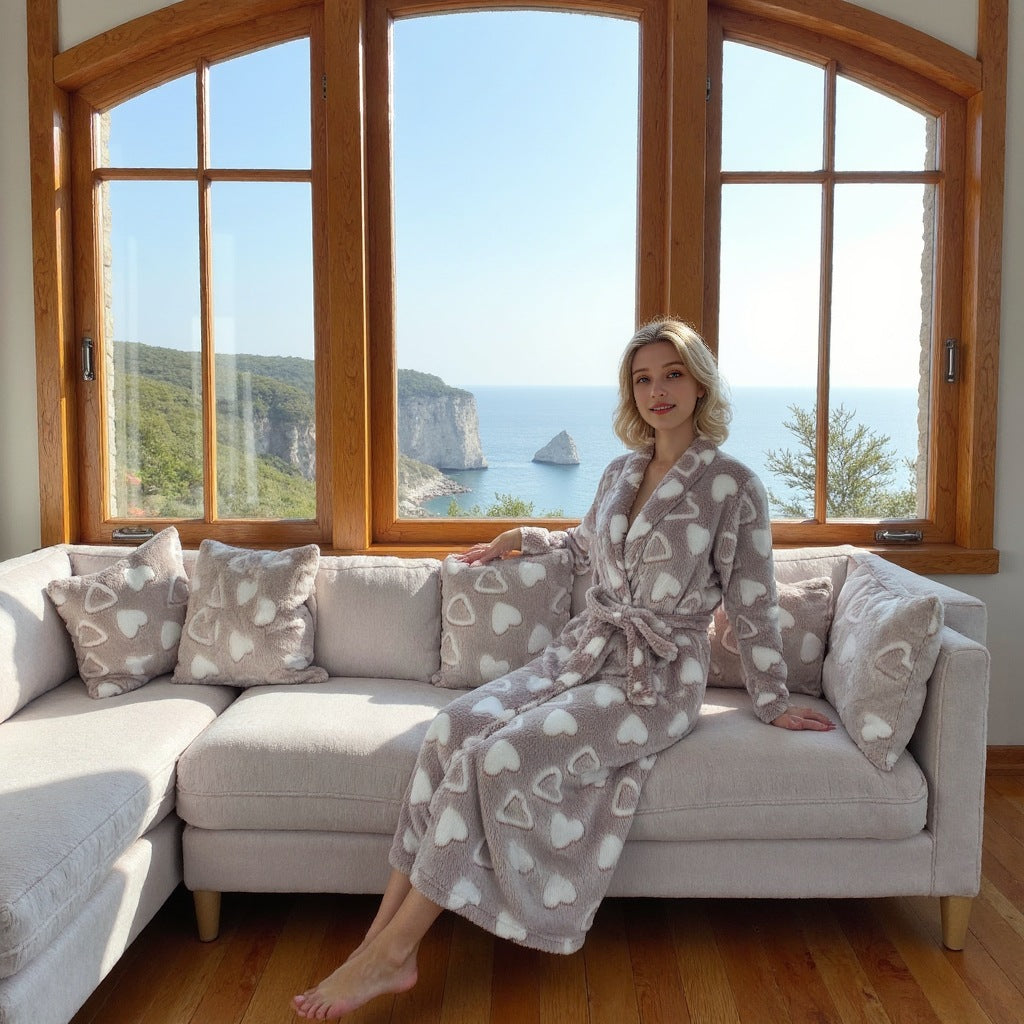 Autumn and winter flannel pajamas with belt, loose, warm and comfortable home clothes