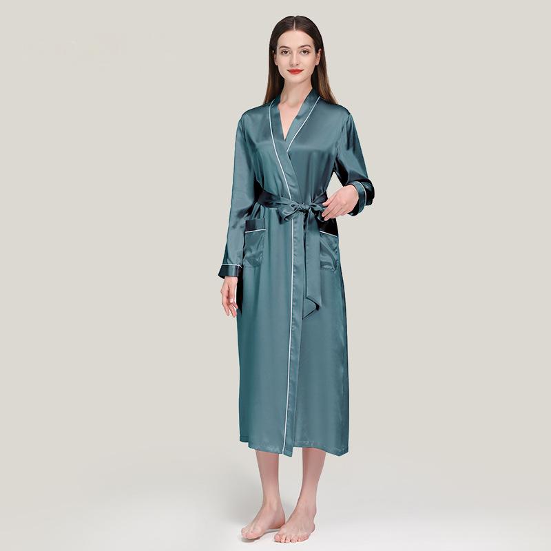 22 Momme silk morning robe women's waisted bathrobe pajamas 100% mulberry silk long robe home clothes