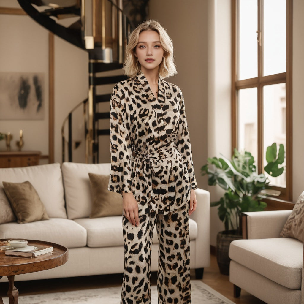 Simulated silk printed leopard print pajamas set autumn cardigan pajamas