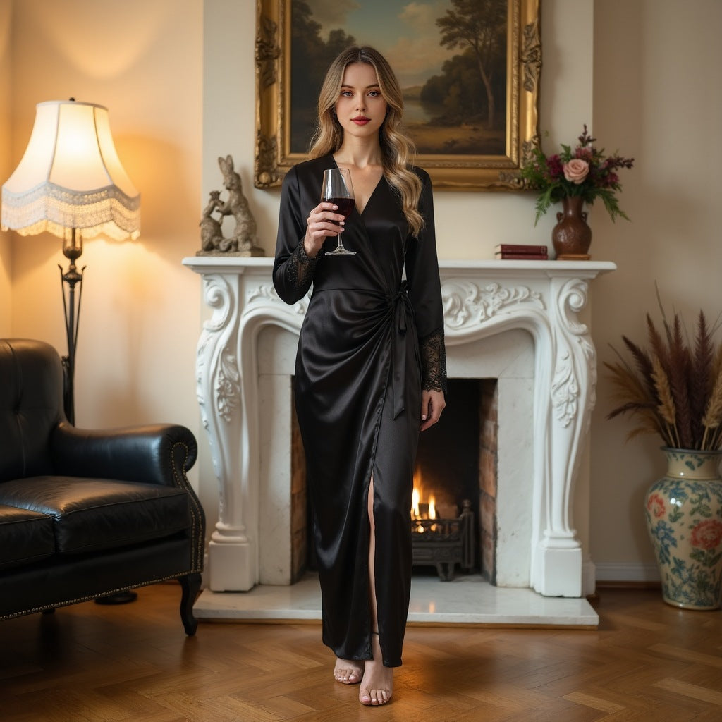 Women's long French pajamas, luxurious and noble spliced lace nightgown, can be worn as a long-sleeved home clothes for women