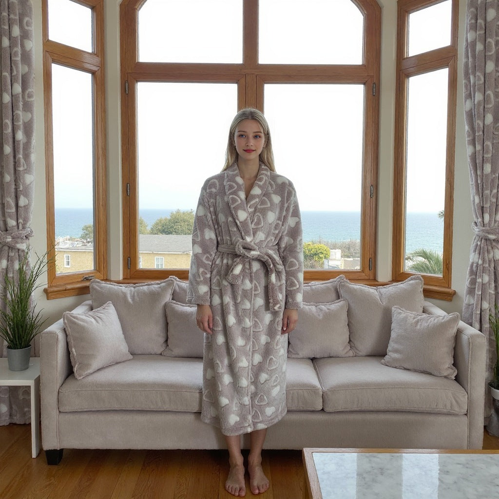 Autumn and winter flannel pajamas with belt, loose, warm and comfortable home clothes