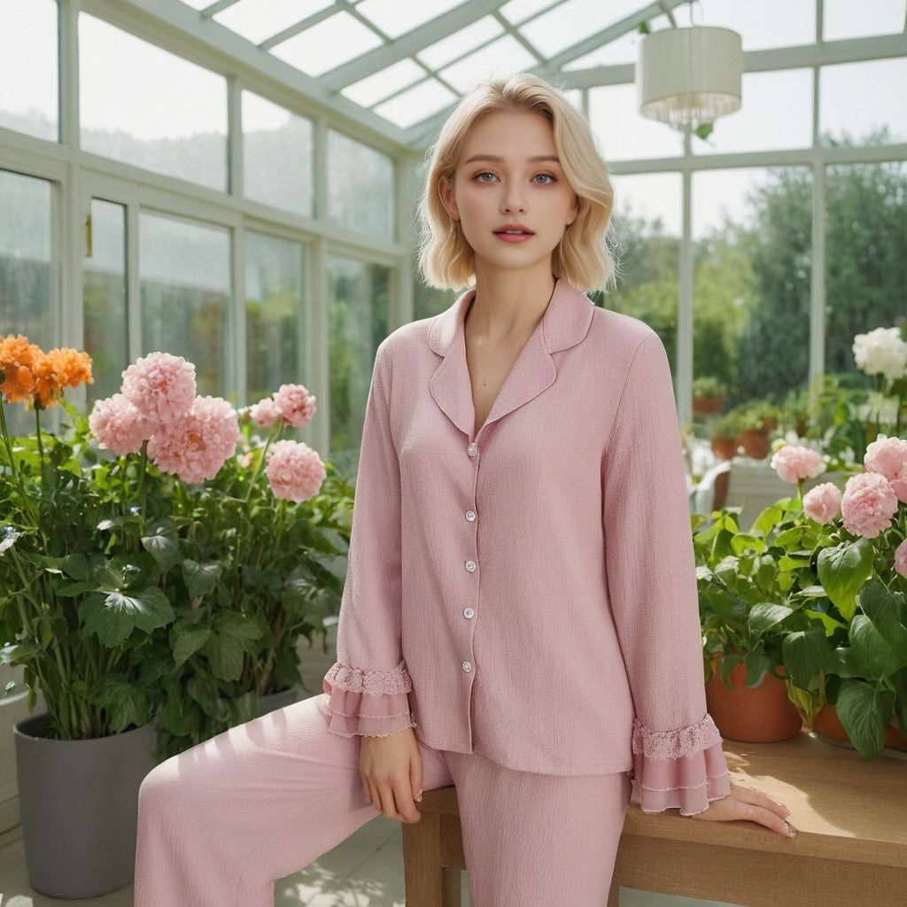 Women's home wear suit long-sleeved lapel pajamas lace splicing pajamas