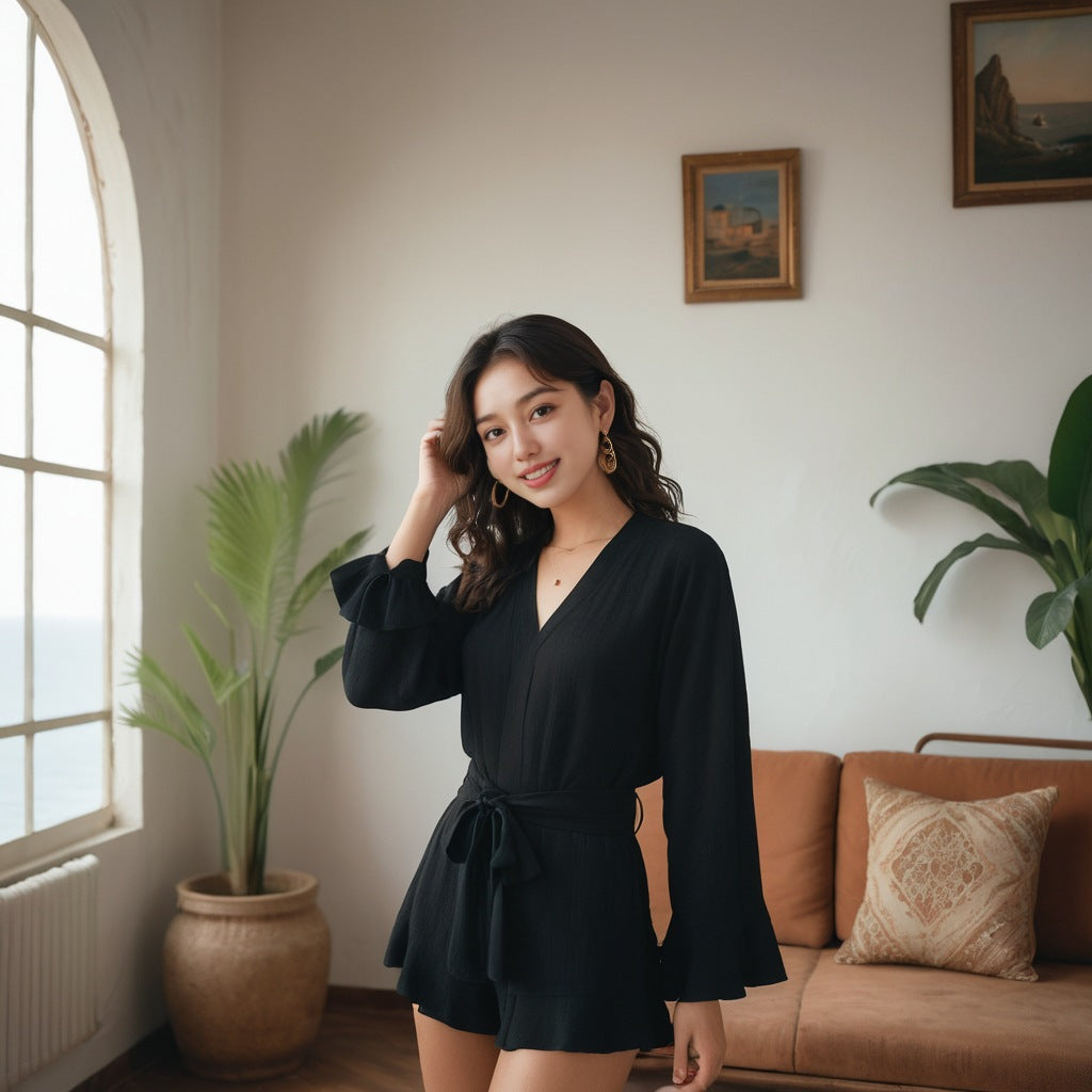Women's Pajamas Long Sleeve Ruffle Cardigan Lace-up Crepe Robe Shorts Set