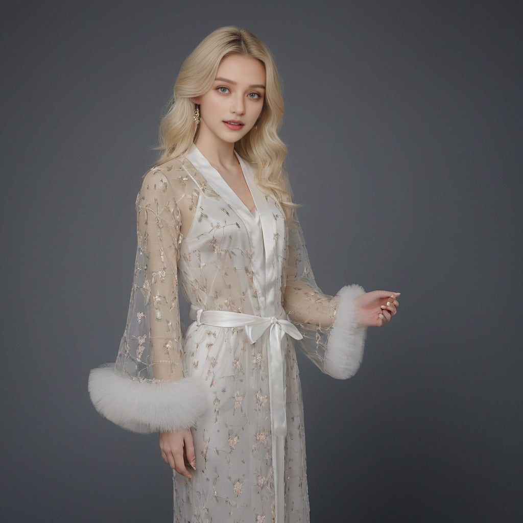 Lace mesh nightgown set Pure desire high-end style ice silk nightgown two-piece set