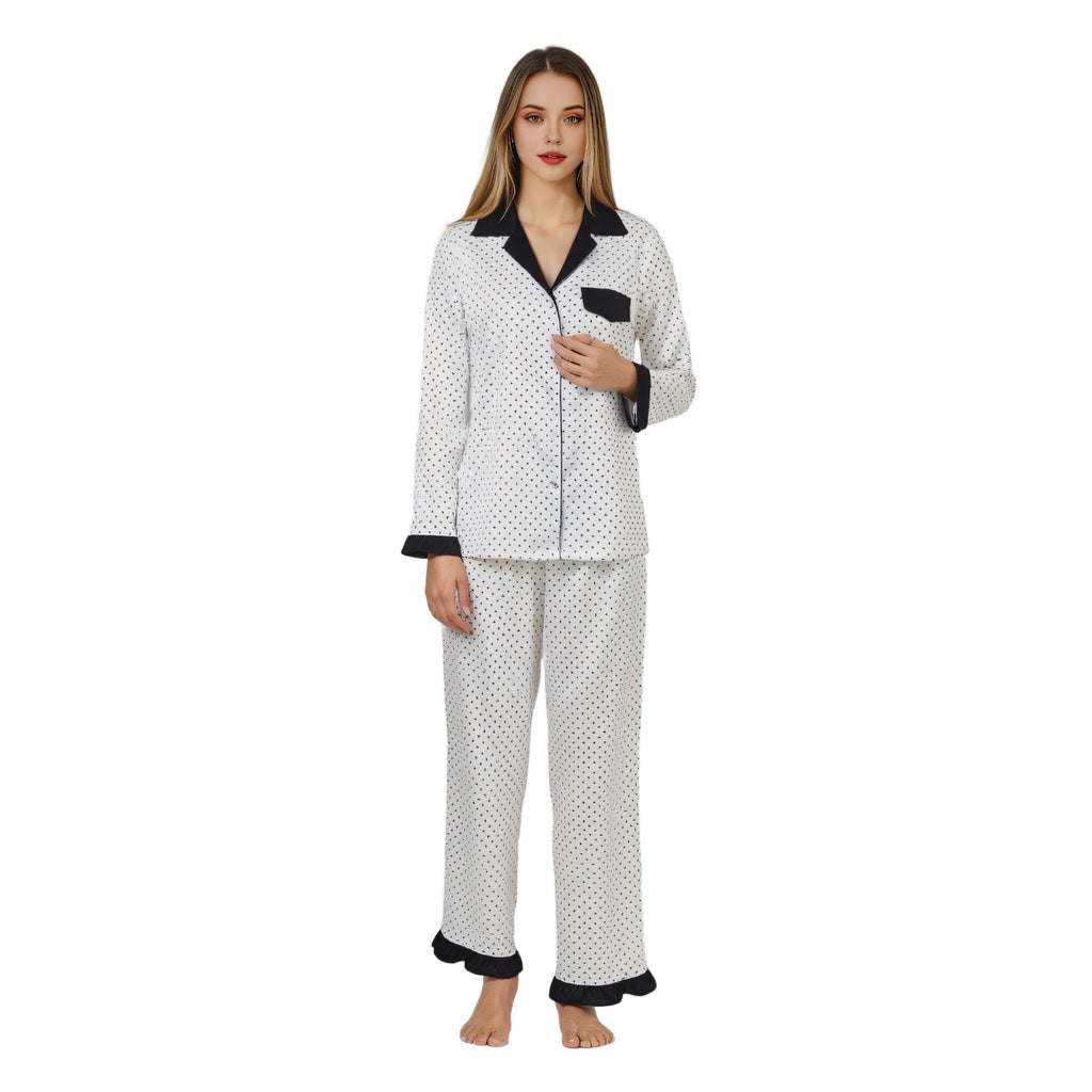 New black dot satin two-piece home clothes long-sleeved pajamas suit for women