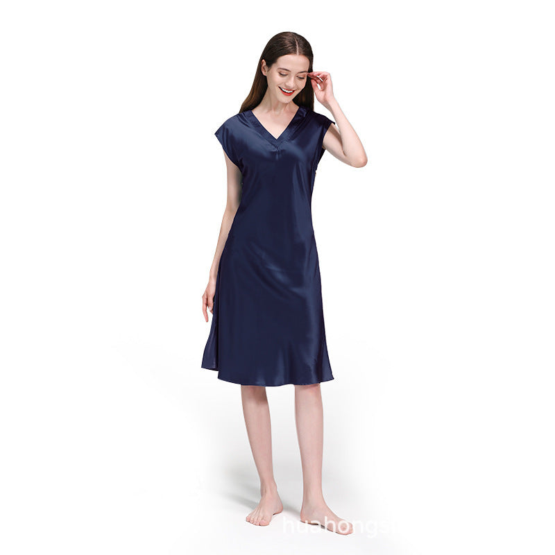 Silk nightdress for women 100% mulberry silk summer new long silk pajamas spring and autumn V-neck can be worn outside home clothes