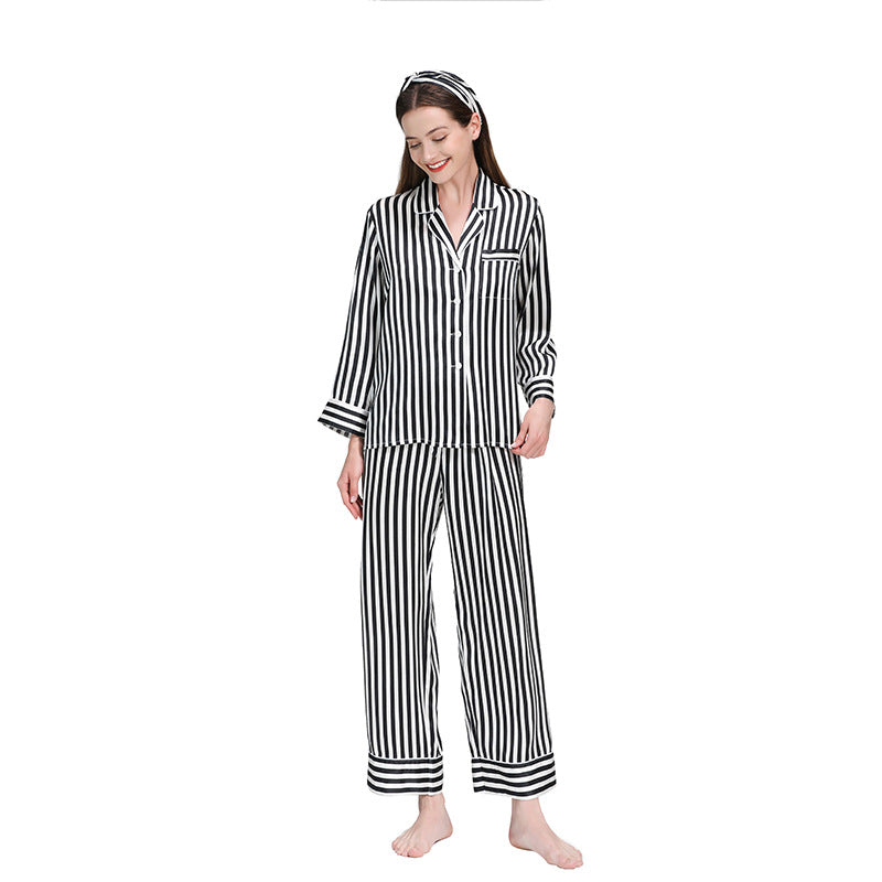 Silk pajamas autumn and winter 100% mulberry silk long-sleeved trousers suit striped large size loose home clothes