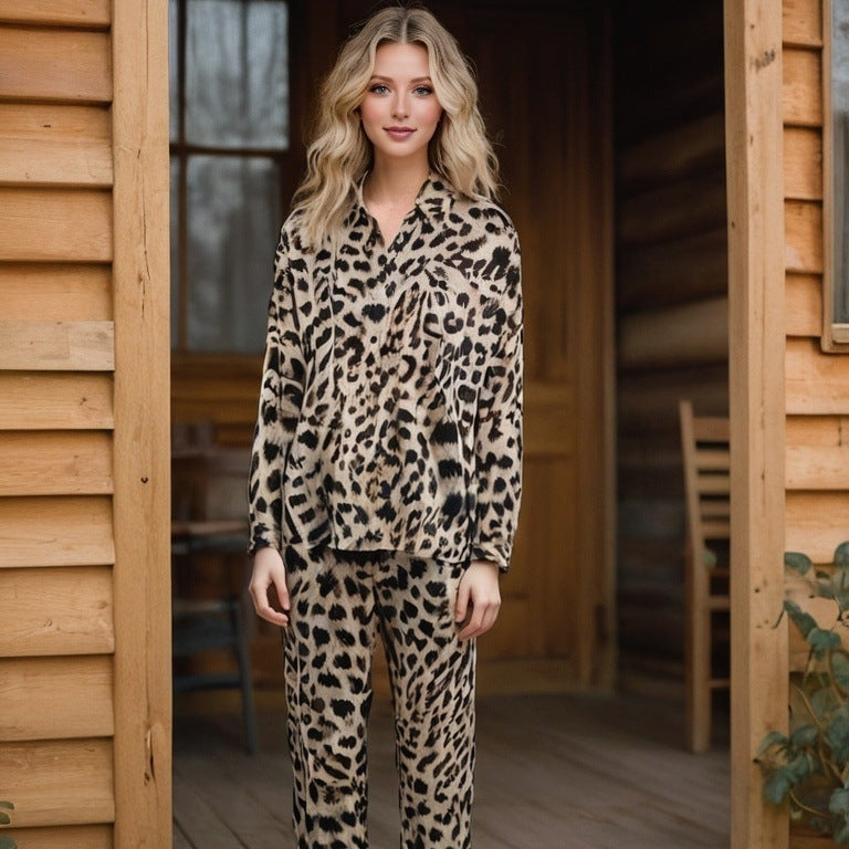 Leopard print women's home clothes long-sleeved trousers pajamas set breathable