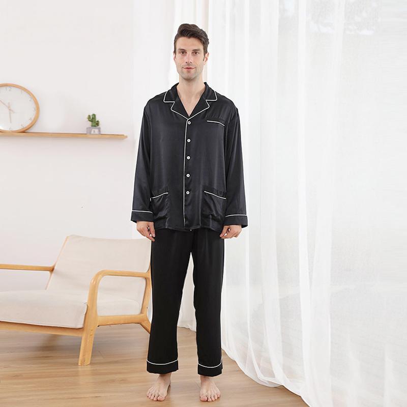 Lapel silk pajamas men's suit wholesale 25 momme 100 mulberry silk long-sleeved trousers home clothes