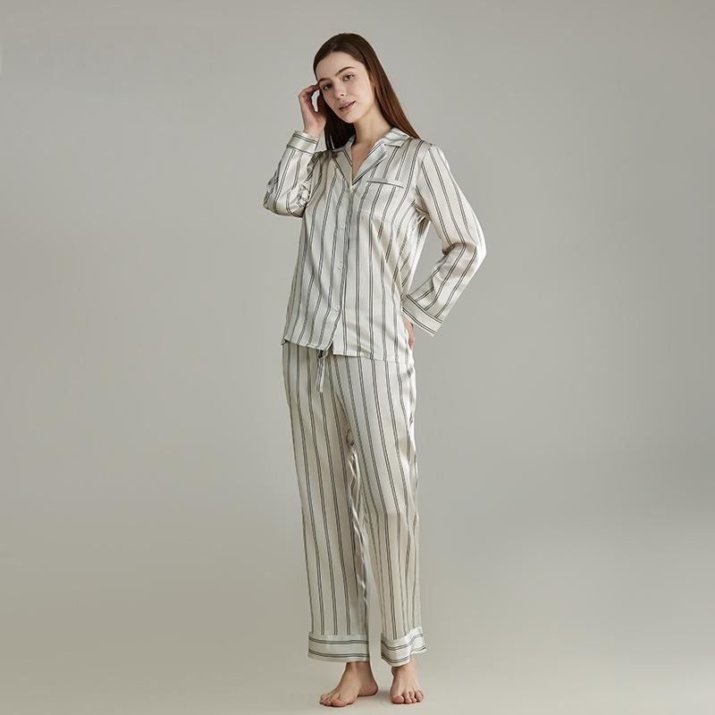Heavy silk pajamas for men and women, simple and fine stripes, 100% mulberry silk couple home clothes, long sleeves and long pants suits