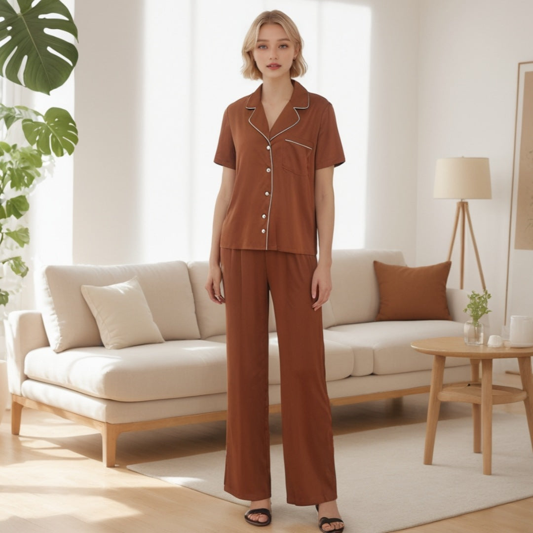 New women's pajamas satin chiffon cardigan pajamas two-piece set