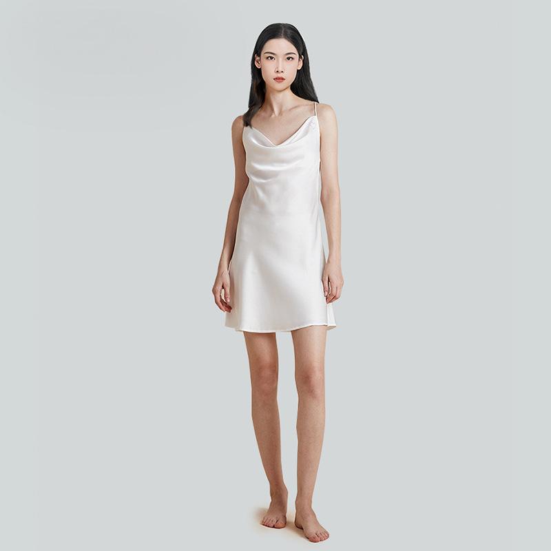 Sexy slutty collar silk nightdress for women, heavy 100% mulberry silk satin, spring and summer outer wear inner silk suspender skirt