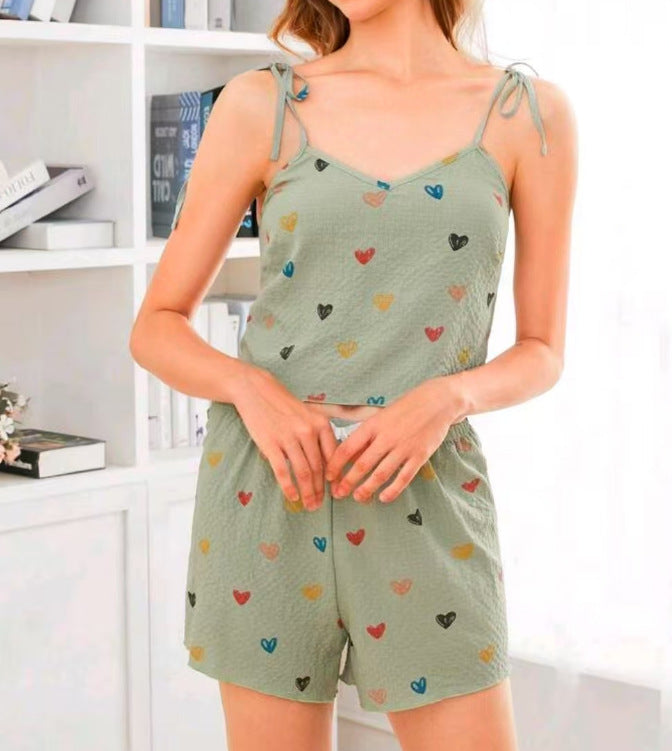 Summer suspender pajamas for women, love bubble multi-color wrinkled cloth top shorts suit home clothes