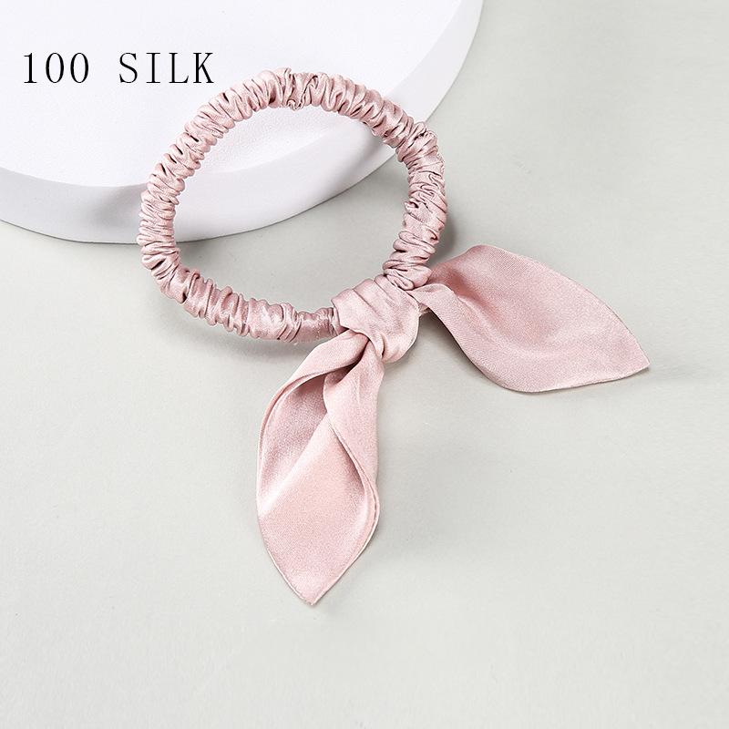 16 Momme 1cm silk hairband with bow and rabbit ears for girls, 100% mulberry silk rubber band