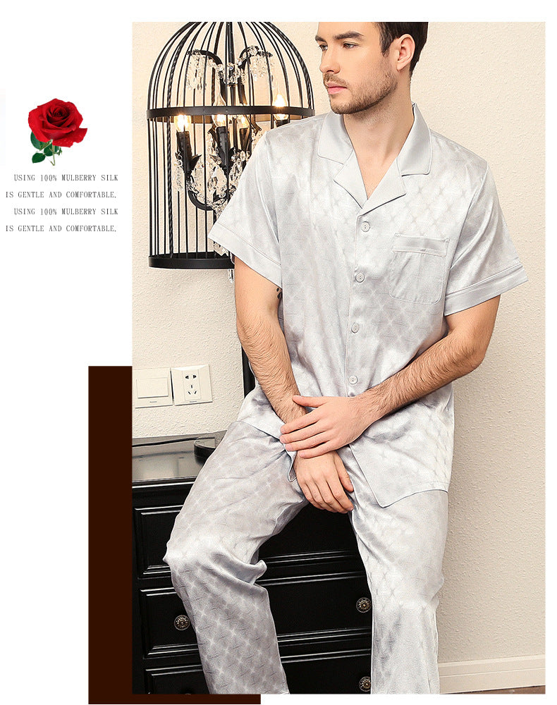Spring and Autumn new men's short-sleeved trousers heavy mulberry silk home clothes suit T9024