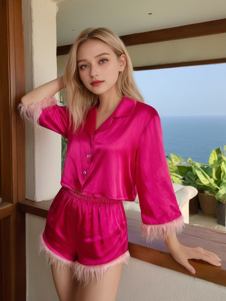 Sweet women's pajamas set, imitation fox fur lapel short-sleeved pajamas, two-piece set