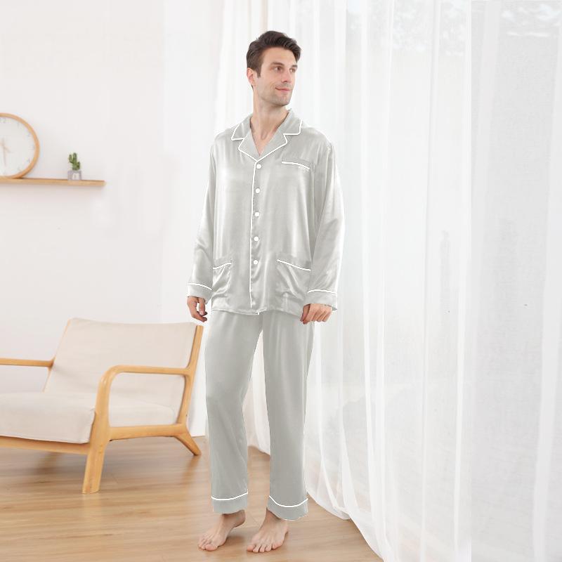Lapel silk pajamas men's suit wholesale 25 momme 100 mulberry silk long-sleeved trousers home clothes