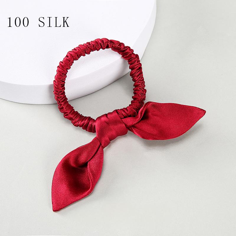 16 Momme 1cm silk hairband with bow and rabbit ears for girls, 100% mulberry silk rubber band