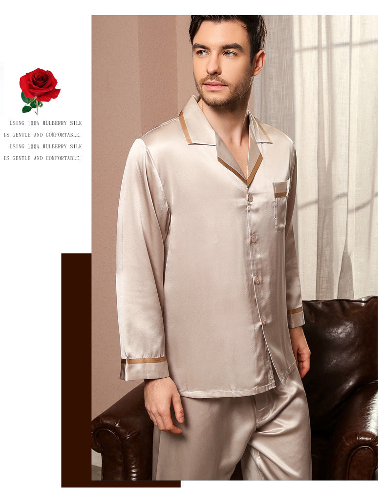 22 Momme heavy silk men's mulberry silk spring and autumn two-piece pajamas home clothes T9030