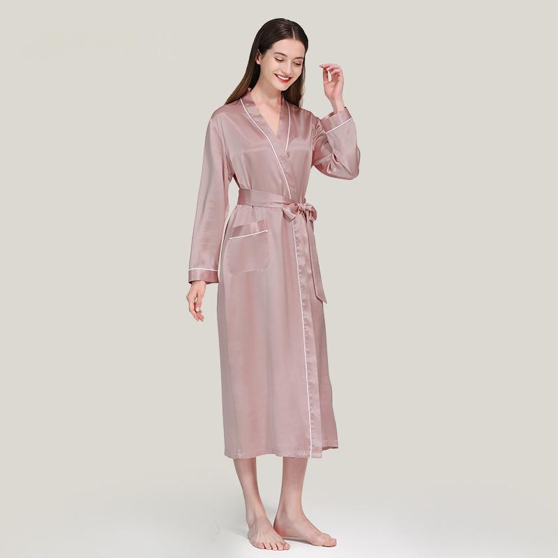 22 Momme silk morning robe women's waisted bathrobe pajamas 100% mulberry silk long robe home clothes