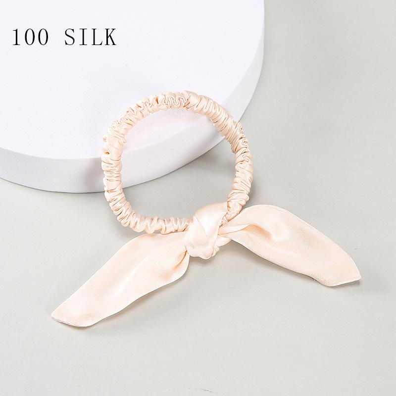 16 Momme 1cm silk hairband with bow and rabbit ears for girls, 100% mulberry silk rubber band