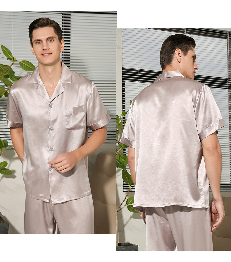19 Momme heavyweight silk pajamas men's summer short-sleeved two-piece suit 100% mulberry silk home clothes