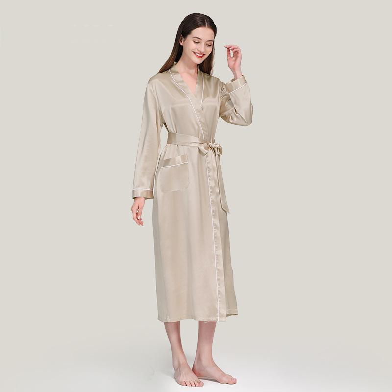 22 Momme silk morning robe women's waisted bathrobe pajamas 100% mulberry silk long robe home clothes